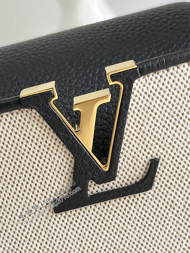 LV專櫃2023新款Capucines迷你手袋 M48865黑拼帆布刺繡 路易威登Capucines搭蓋手提肩背女包 dn1125